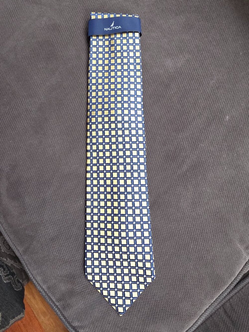 NWT Nautica Yellow/Blue Check Print 100% Silk Tie